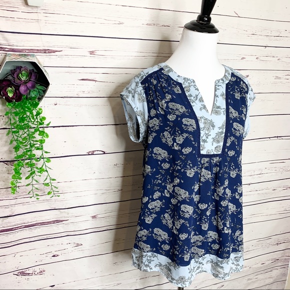 DR2 Daniel Rainn Blue Two Tone Boho Floral Blouse Top Size Small - Picture 3 of 9
